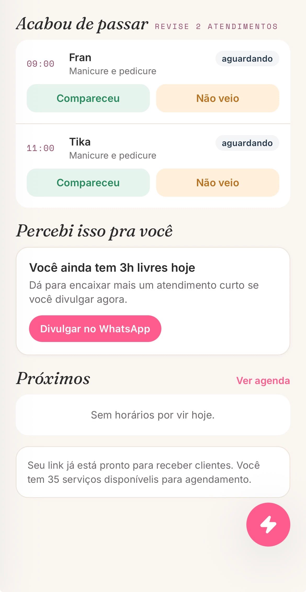 Tela de decisões de atendimento do Agenda Bela