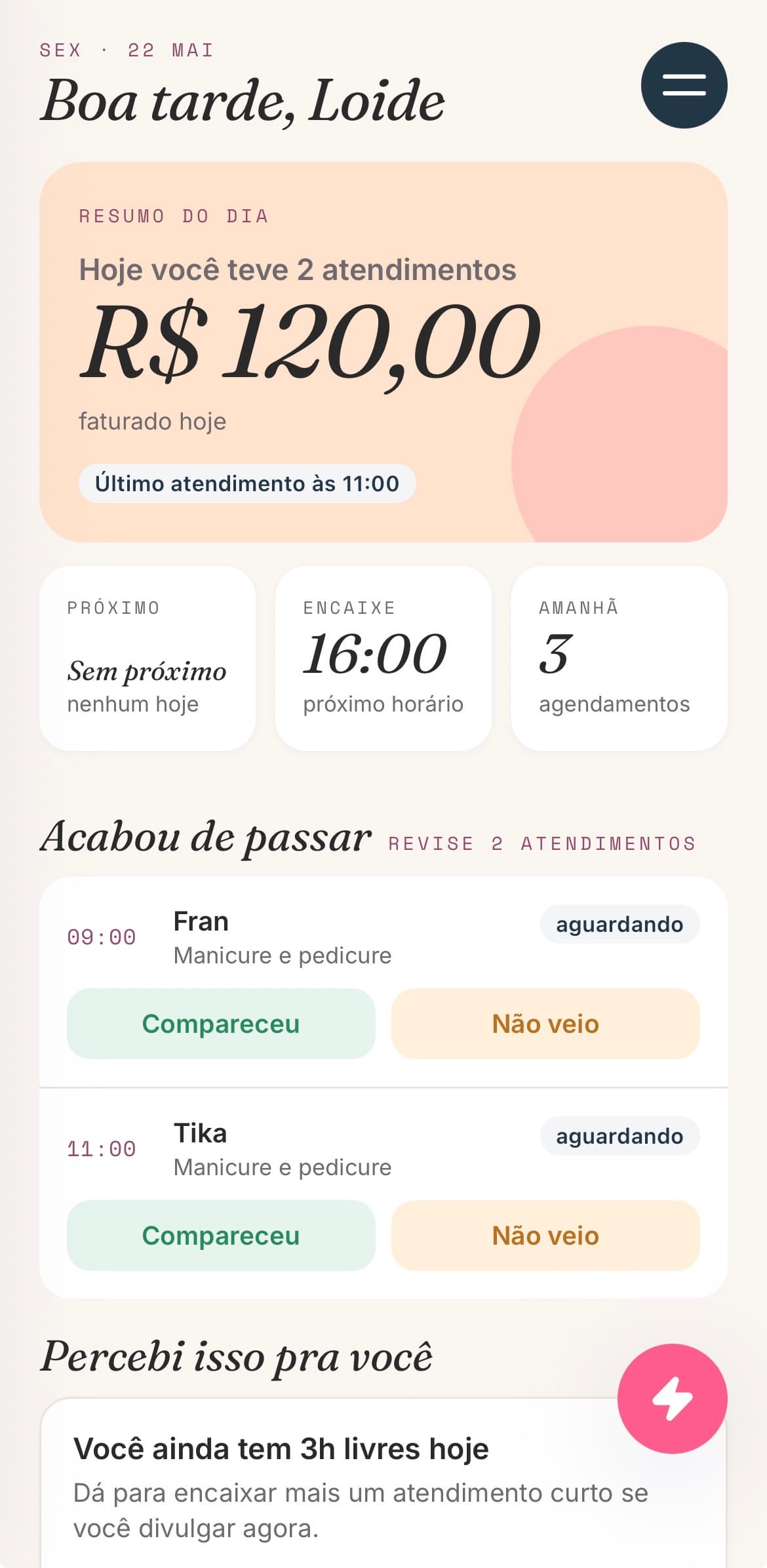 Tela de resumo do dia do Agenda Bela
