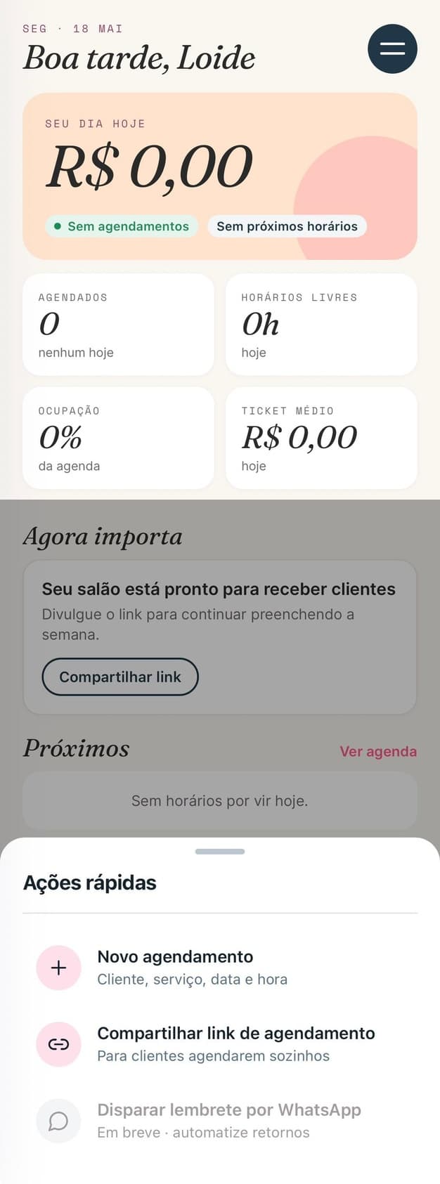 Tela inicial do Agenda Bela com agenda do dia e estatísticas